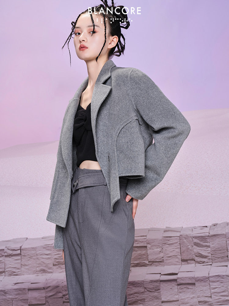 two-piece fur & Wool crop Coat