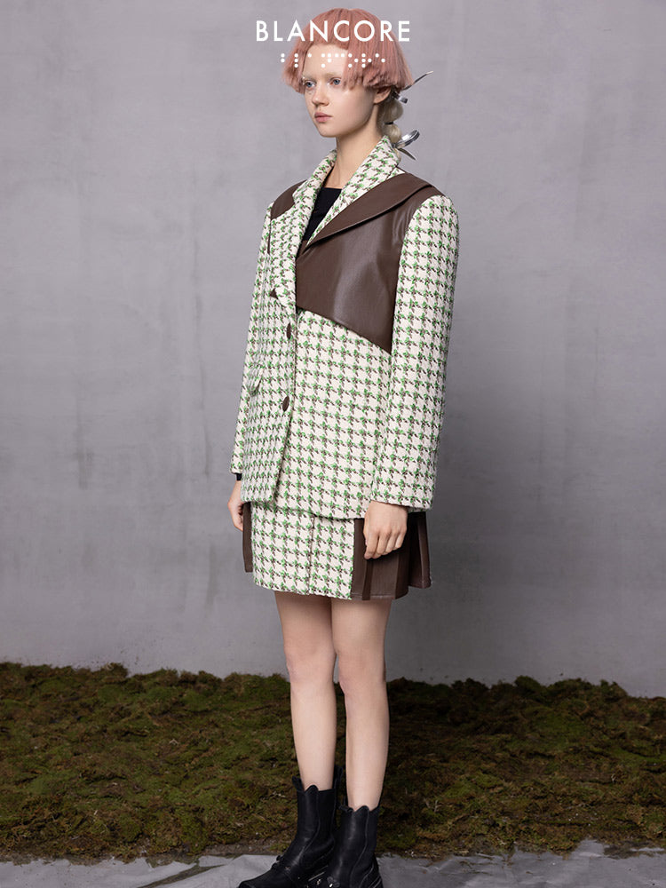Leather Paneled Houndstooth Jacquard Oversized Coat