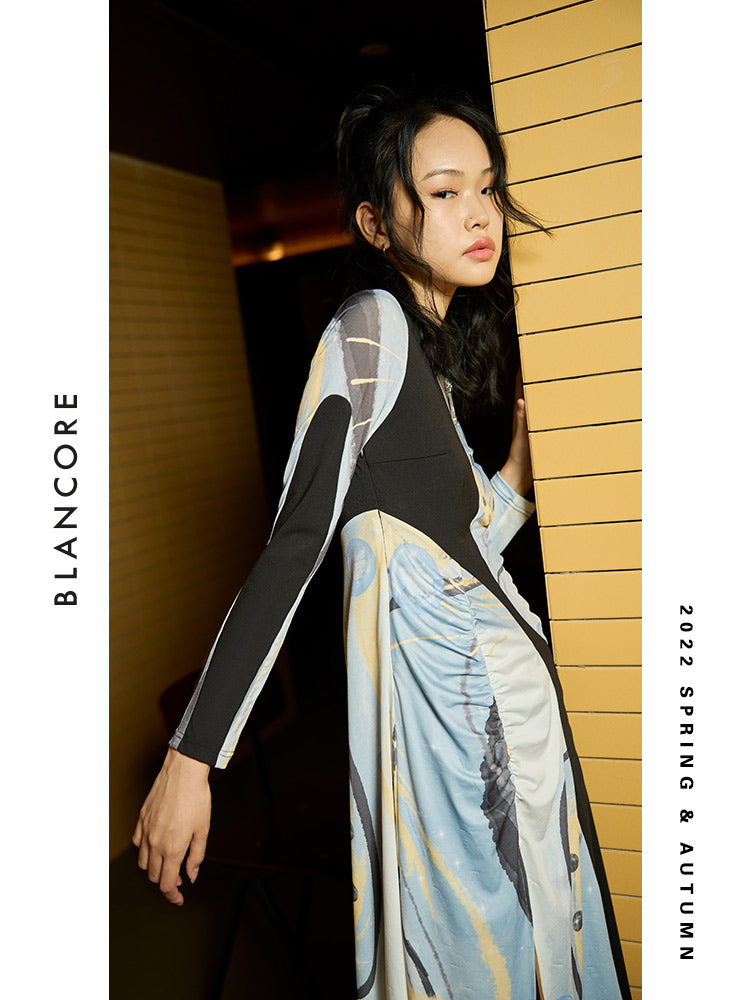 Galaxy Print Knit Paneled Dress