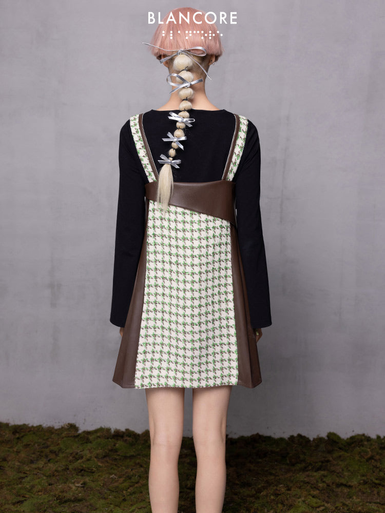 Leather Paneled Houndstooth Jacquard Suspender Skirt