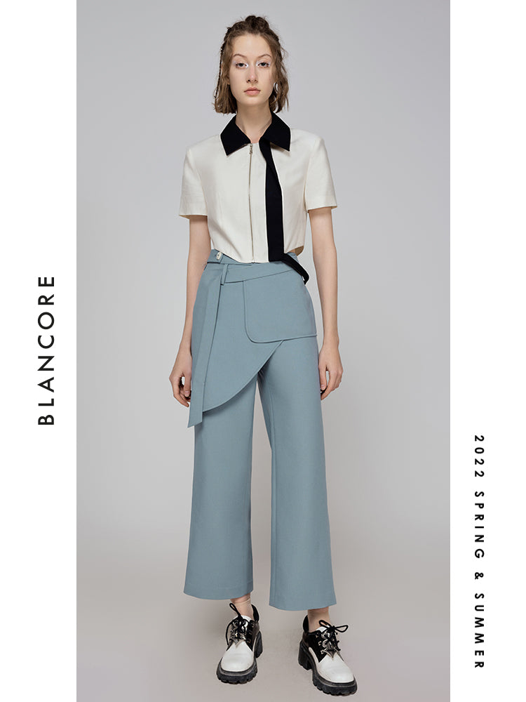 Cropped Shirt With Black Collar And tight Waist Detail