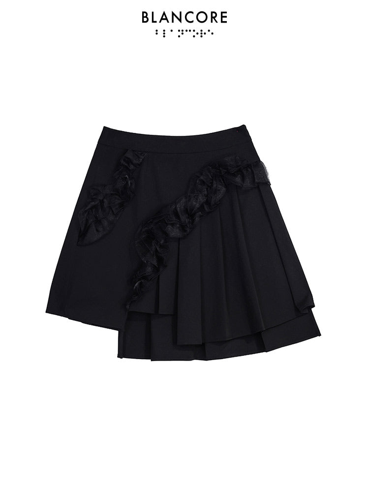 Ruffle-trimmed Asymmetrical Pleated Skirt