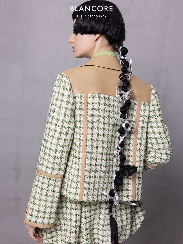 Leather Paneled Houndstooth Jacquard Moto Jacket