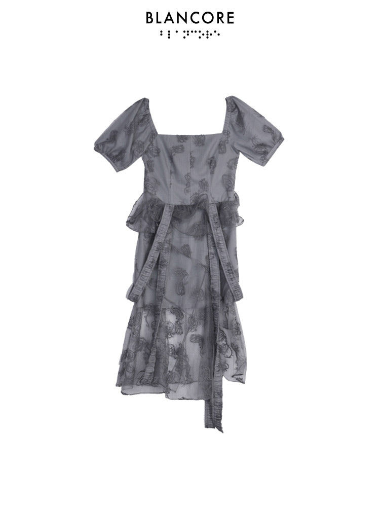 Lace Embroidered Asymmetrical Slit Strap Dress