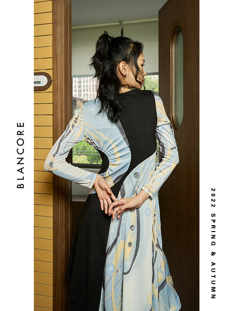 Galaxy Print Knit Paneled Dress