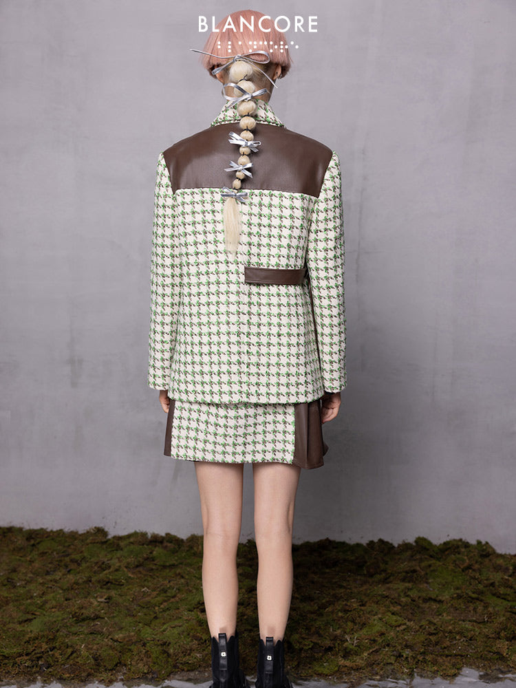 Leather Paneled Houndstooth Jacquard Oversized Coat