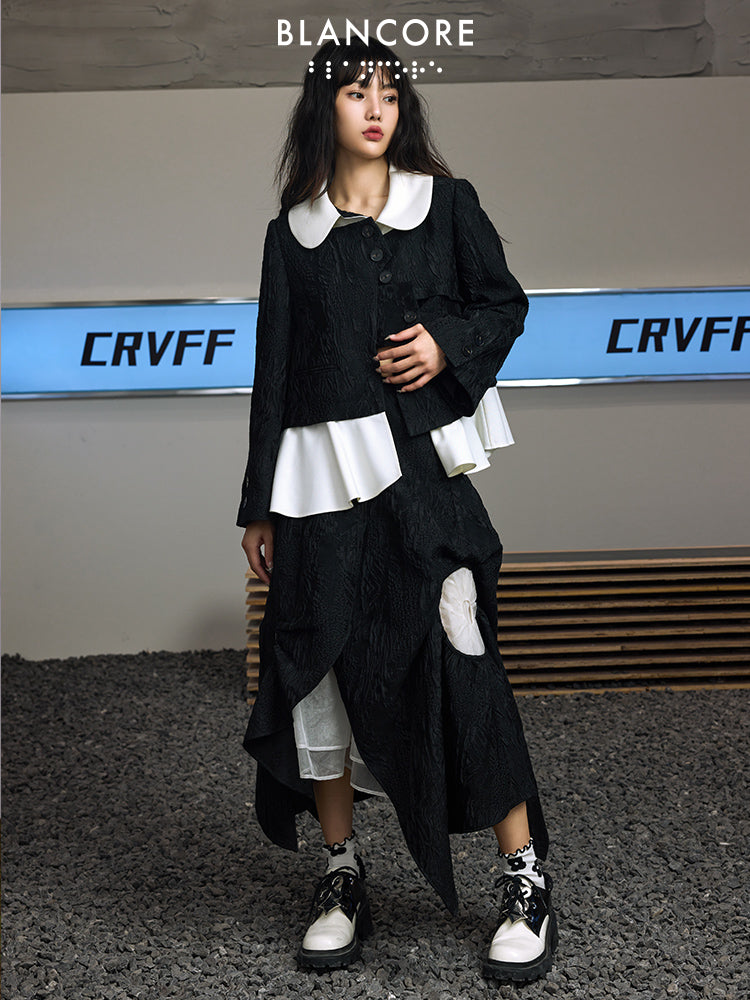 Fake 2-Piece Deconstructed Jacquard Jacket With Doll Collar