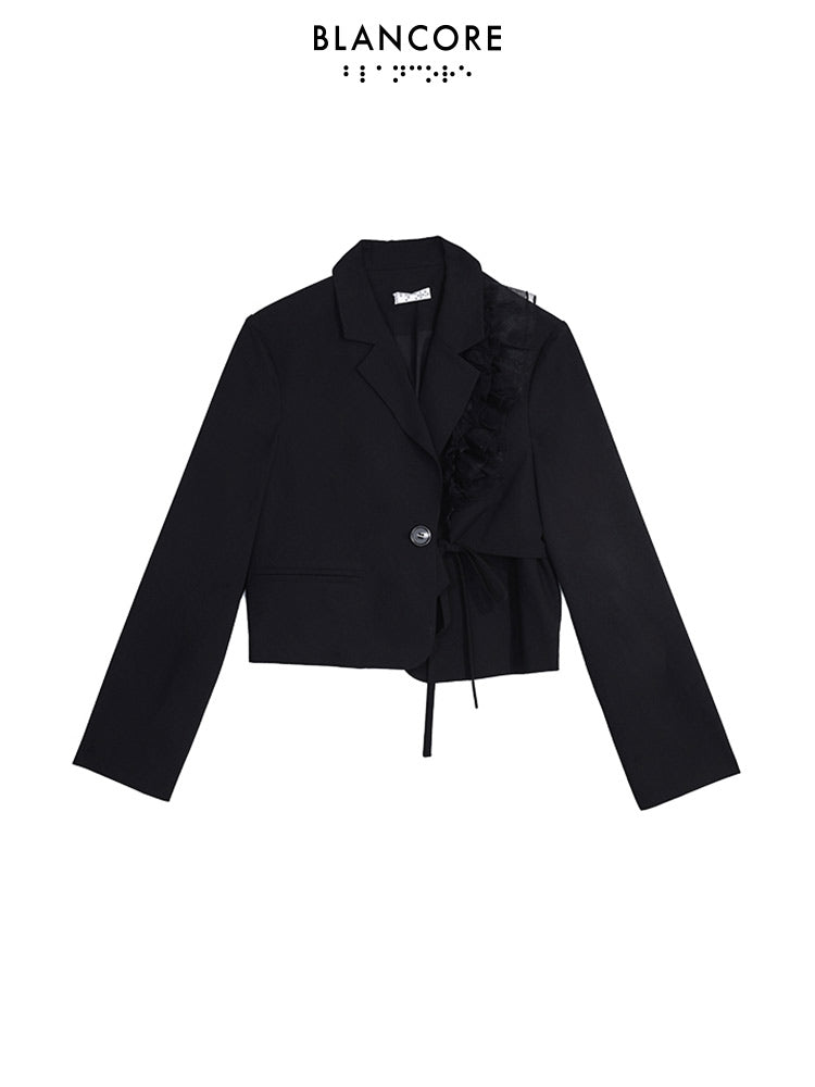 Ruffle-trimmed Lace-up Cropped Blazer With Double Placket