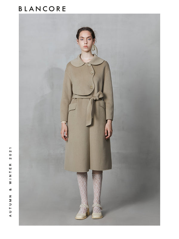 H-belted Wool Coat With Top Layer Detail