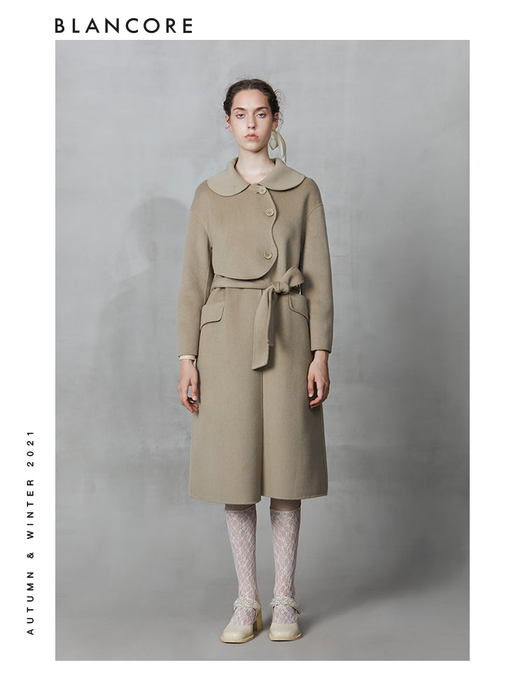 H-belted Wool Coat With Top Layer Detail