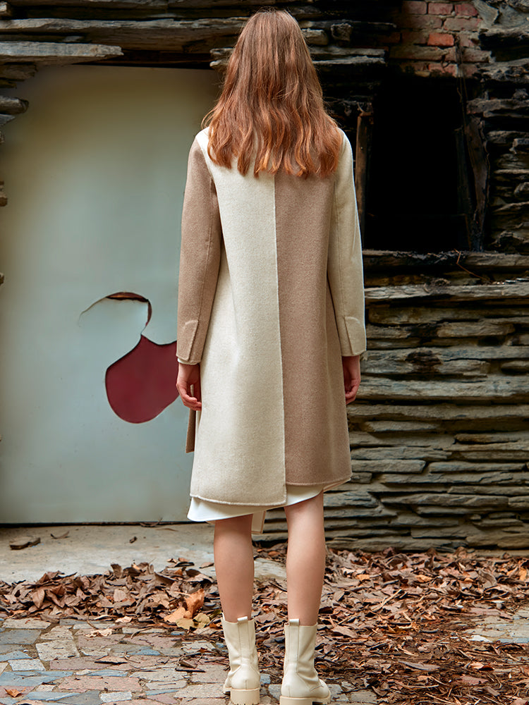 ASYMMETRICAL COLOR BLOCK WOOL COAT