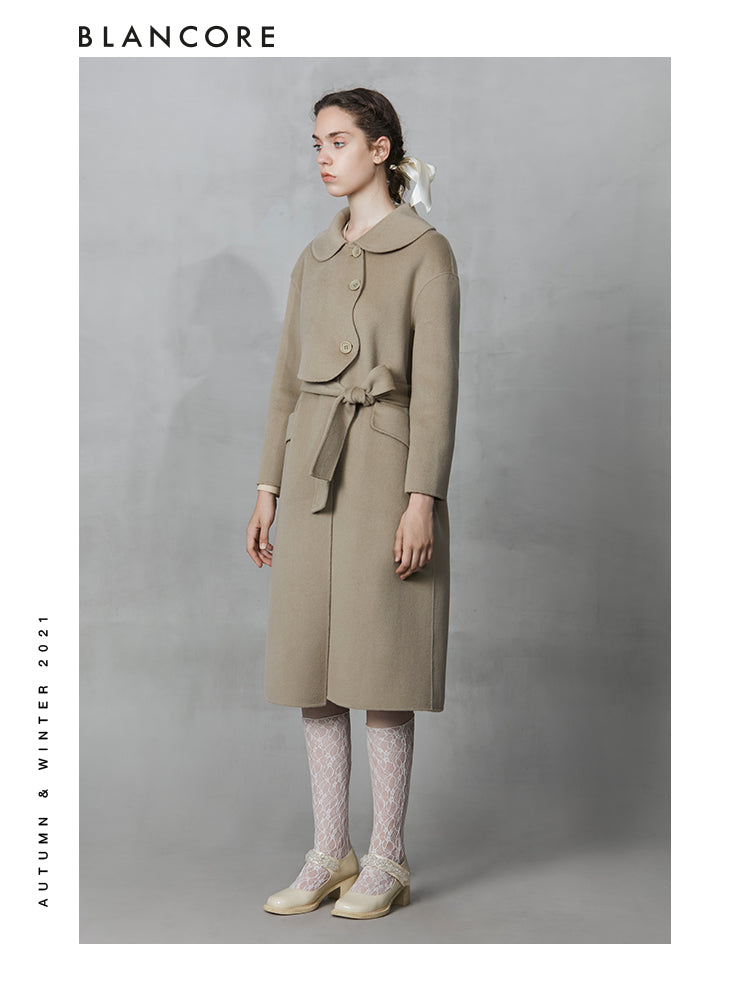 H-belted Wool Coat With Top Layer Detail