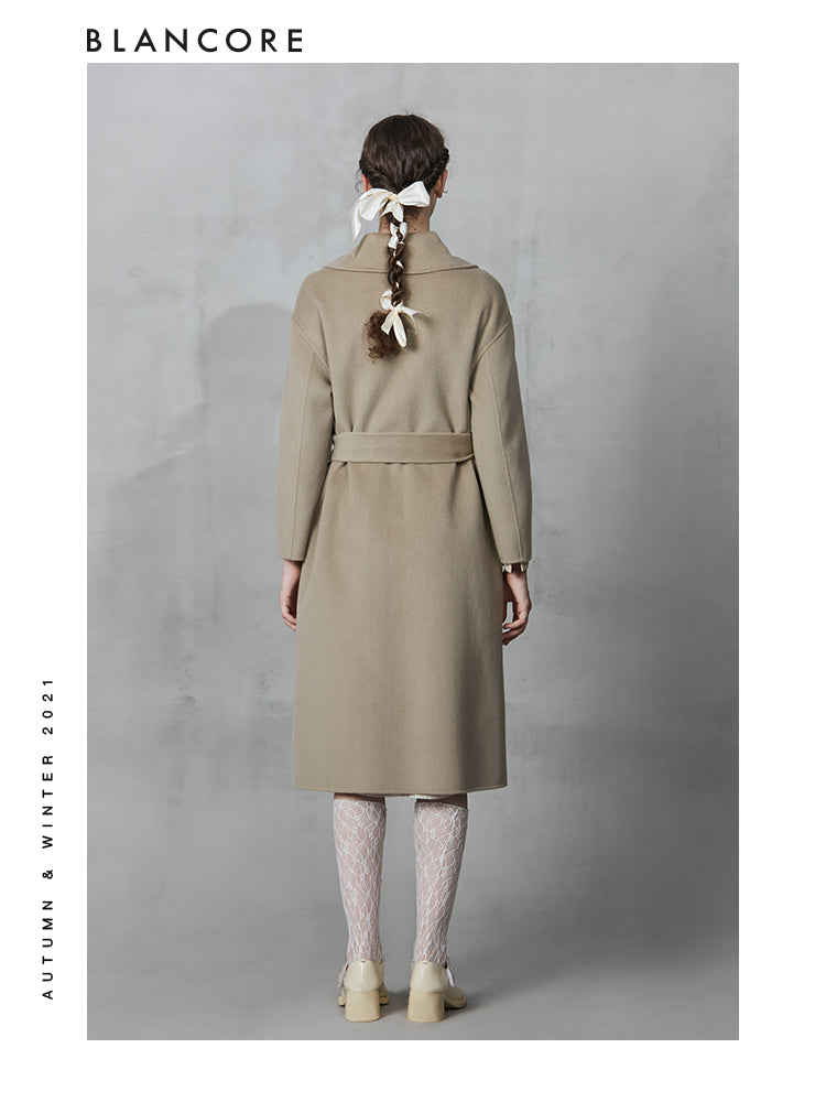 H-belted Wool Coat With Top Layer Detail