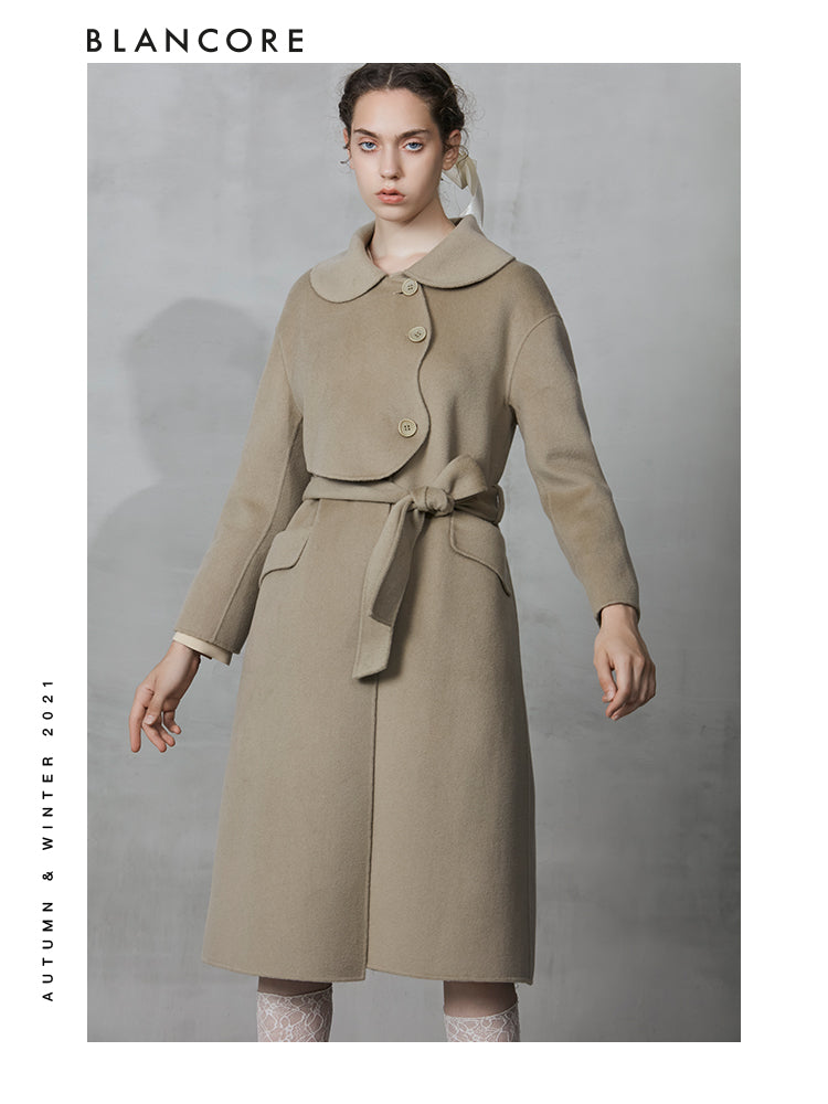 H-belted Wool Coat With Top Layer Detail