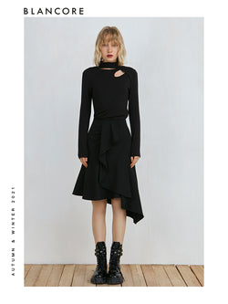Black Slim Fit Asymmetrical Hollow-Out Top