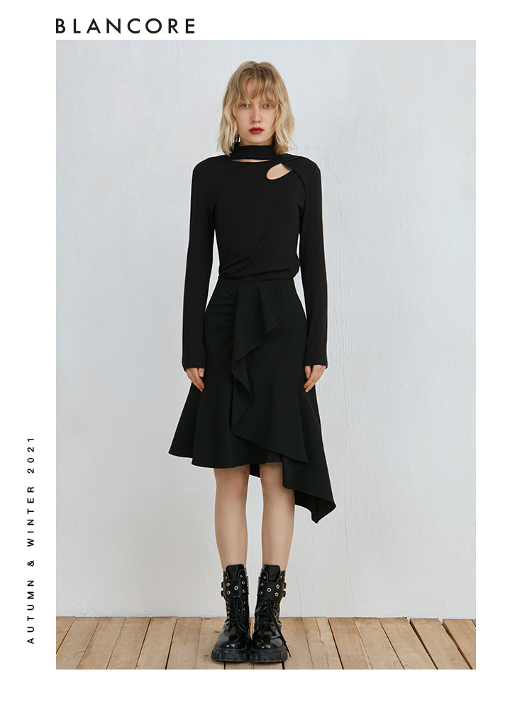 Black Slim Fit Asymmetrical Hollow-Out Top