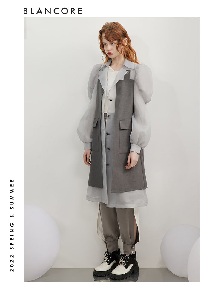 Mesh Paneled Trench Coat With Puff Sleeves