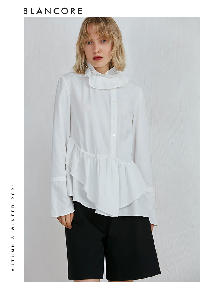 Standing Collar Shirt With Ruffle Detail