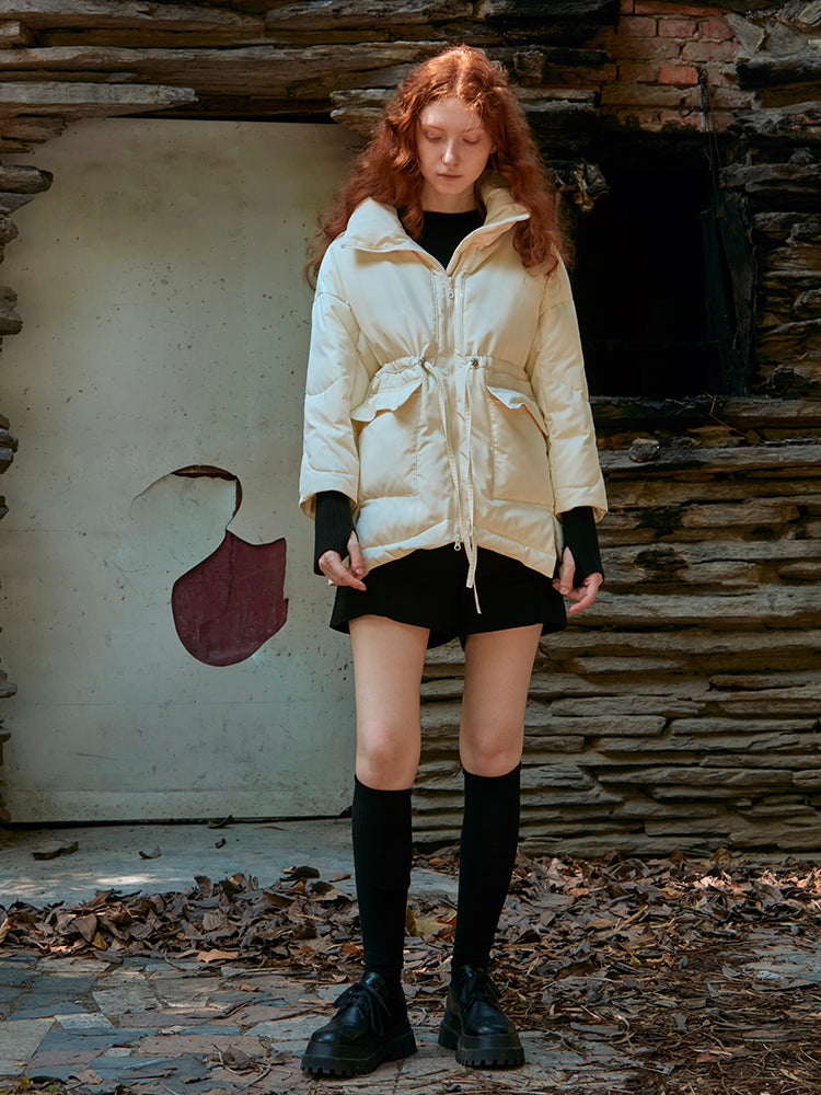 DRAWSTRING PUFFER JACKET WITH STAND COLLAR