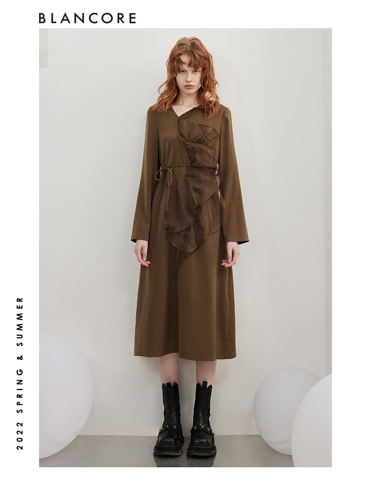 Mesh Paneled Long Sleeve Dress With Belt
