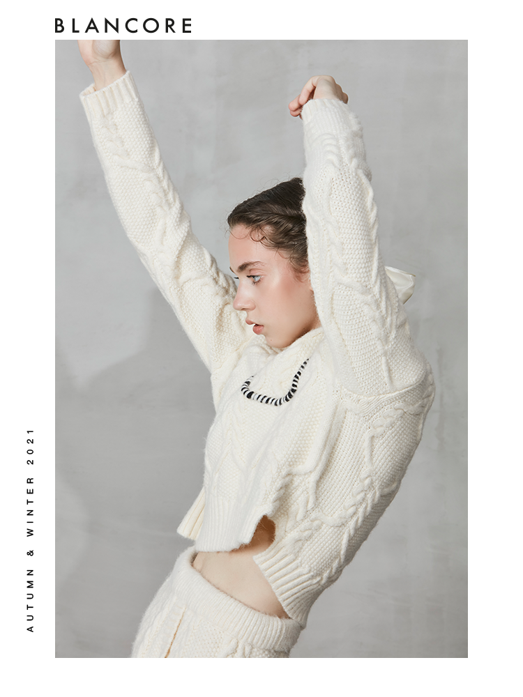 Off-White Knit Suit -Asymmetrical Polo Collar Top & Cocoon Skirt