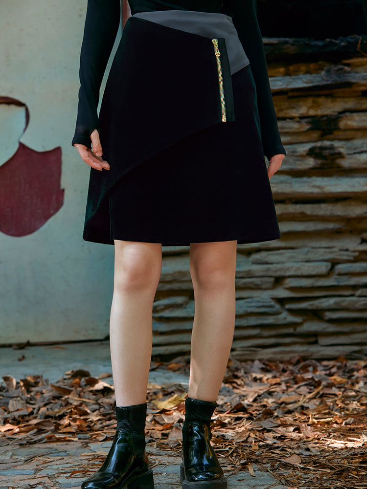 COLOR BLOCK VELVET SKIRT