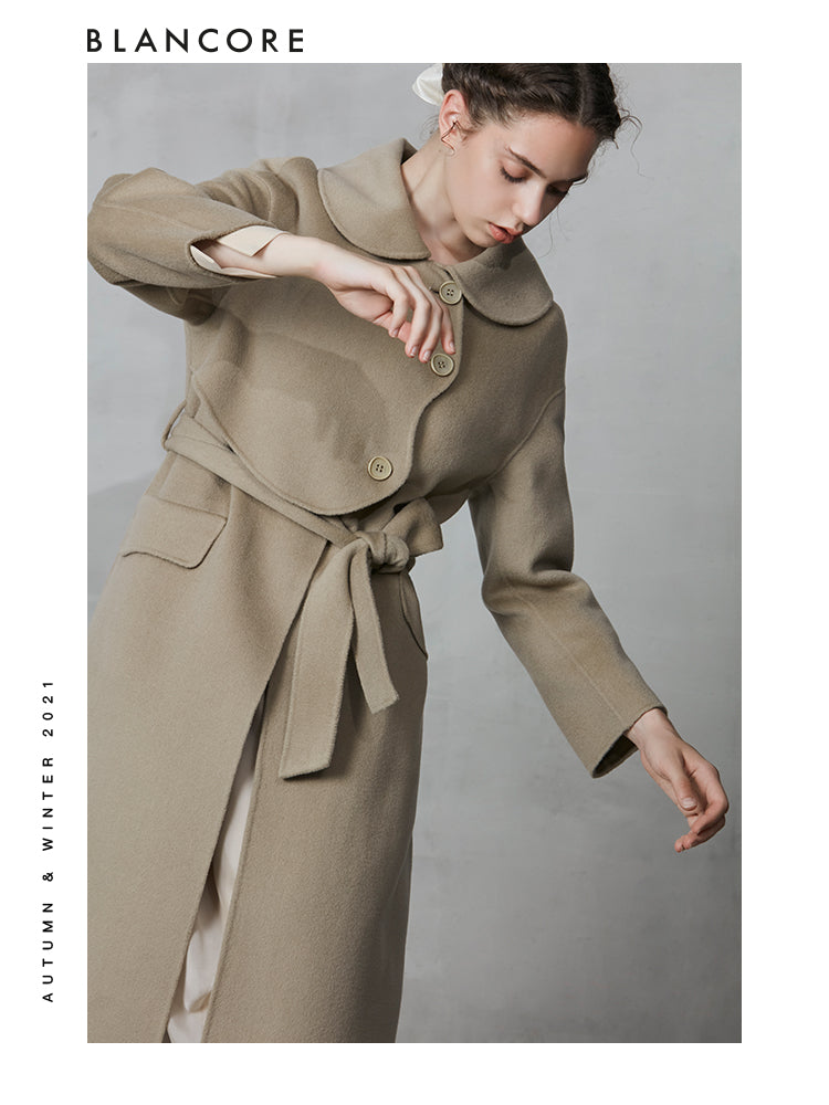 H-belted Wool Coat With Top Layer Detail
