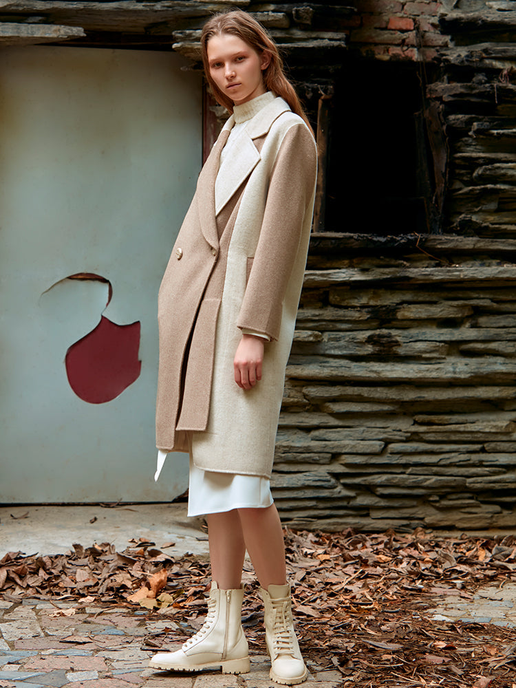 ASYMMETRICAL COLOR BLOCK WOOL COAT