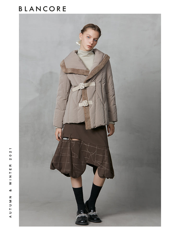 Asymmetrical Down Coat With Fur Trim Detail