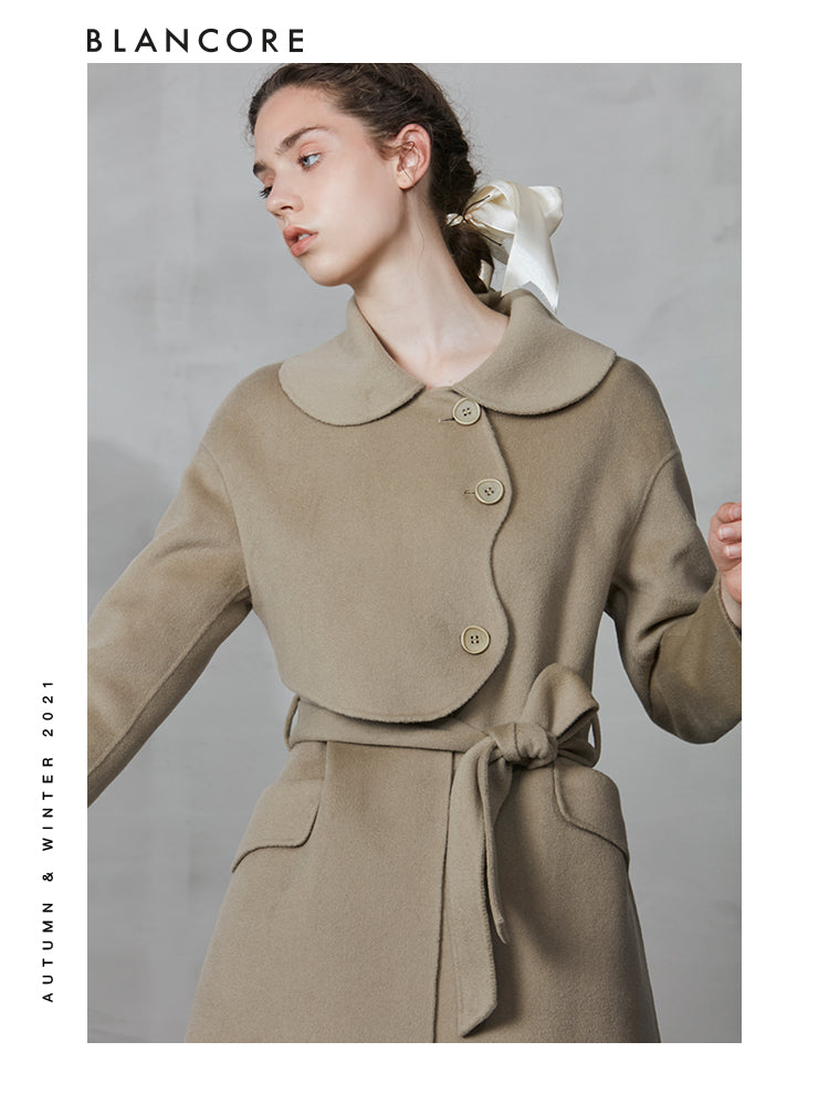 H-belted Wool Coat With Top Layer Detail