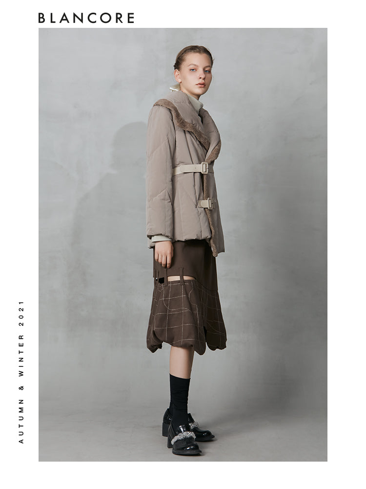 Asymmetrical Down Coat With Fur Trim Detail