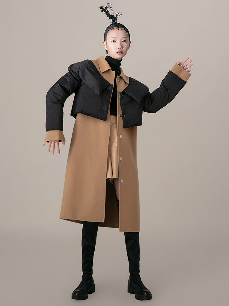 Color Block Overlaying Puffer Detail Coat