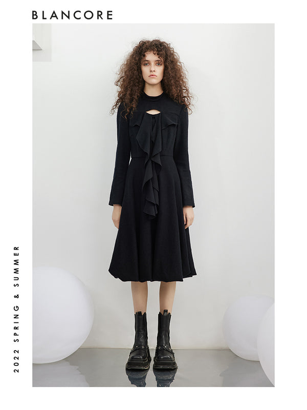 Hollow-Out Knit Dress With Ruffle Detail