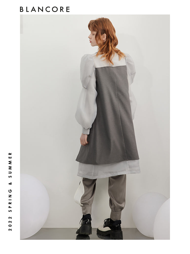 Mesh Paneled Trench Coat With Puff Sleeves