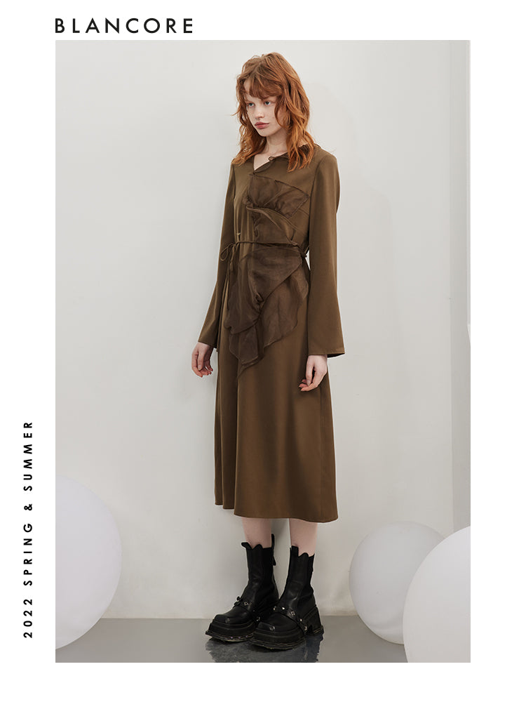 Mesh Paneled Long Sleeve Dress With Belt