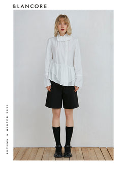 Standing Collar Shirt With Ruffle Detail