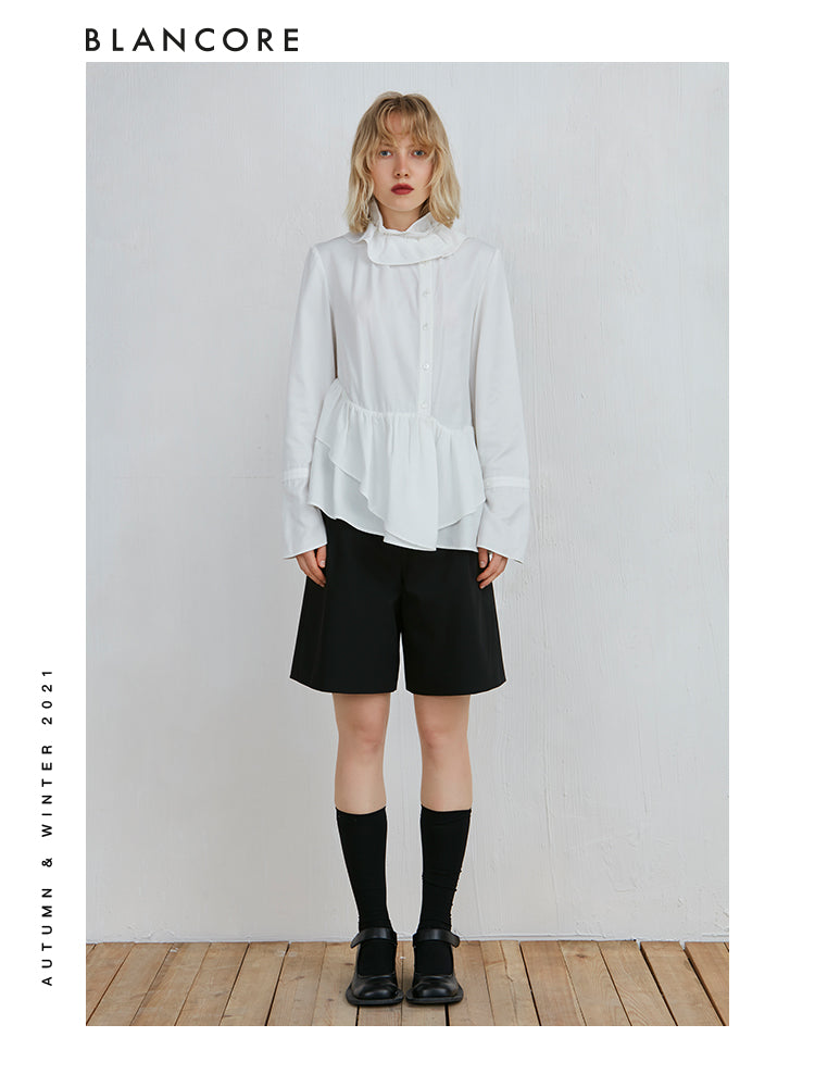 Standing Collar Shirt With Ruffle Detail