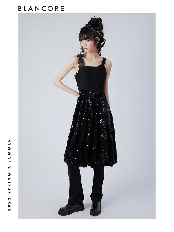 Black Slip Sequin Midi Dress