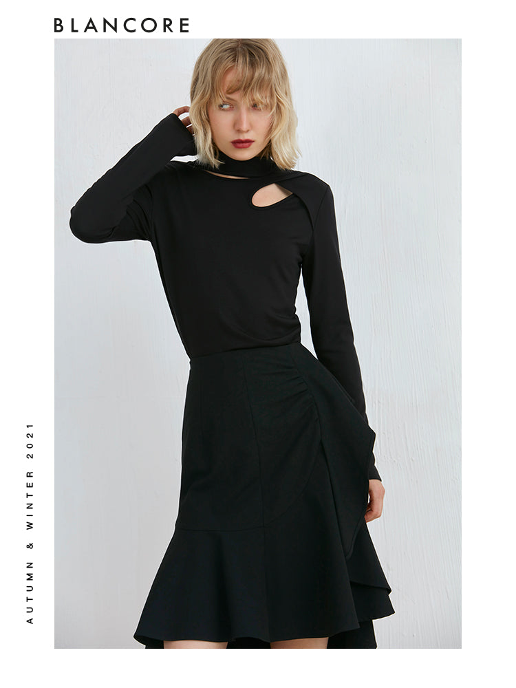 Black Slim Fit Asymmetrical Hollow-Out Top