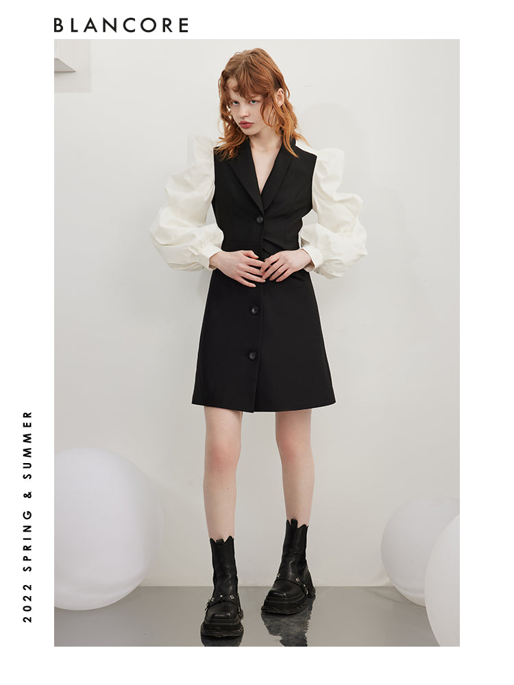 Black And White Blazer Dress With Puff Sleeves Detail