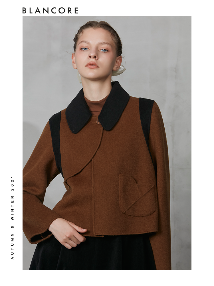 Wool Coat With Black Curved Collar And "Hollow-Out" Shoulder Detail