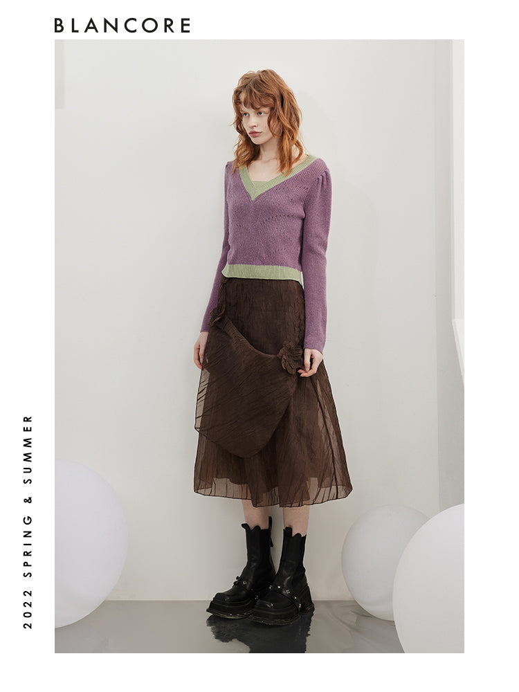 Two-Piece Camel Hair Top with puff sleeves