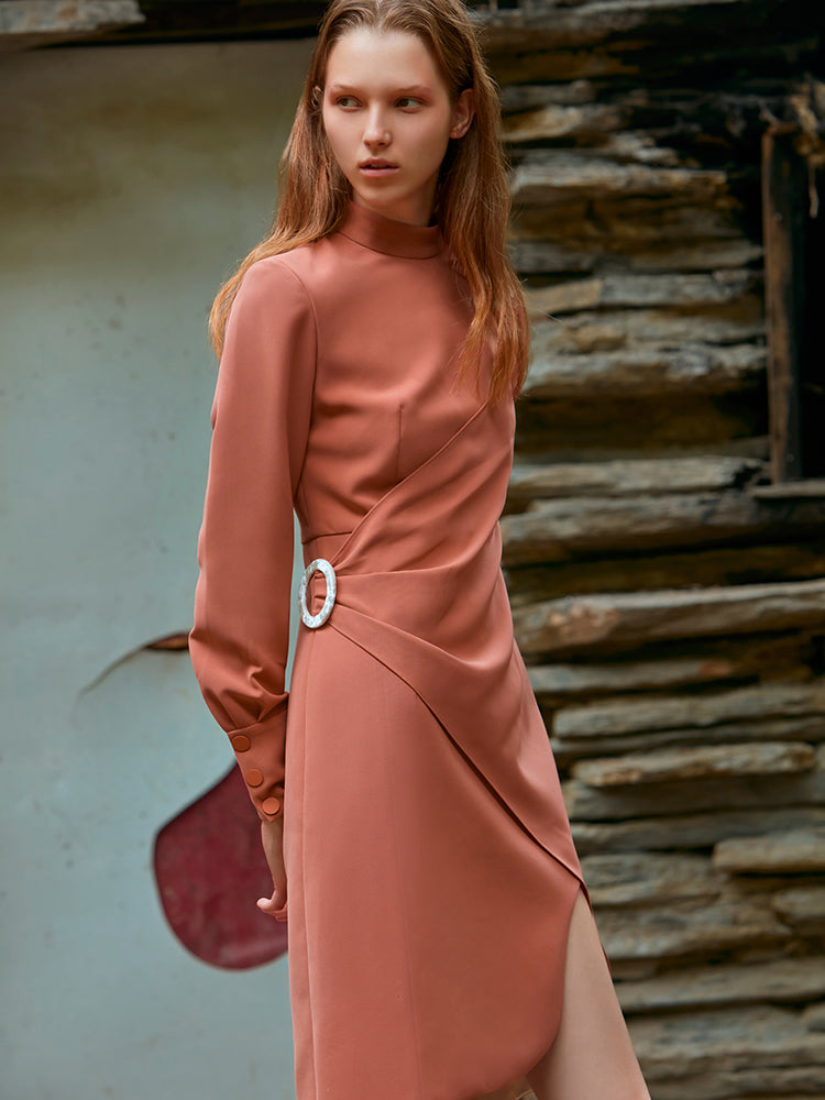 WRAPPED ASYMMETRIC STAND COLLAR DRESS