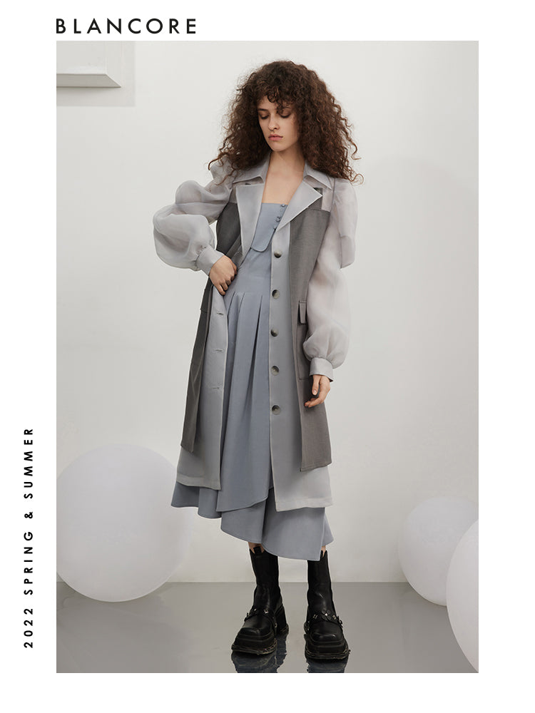 Mesh Paneled Trench Coat With Puff Sleeves