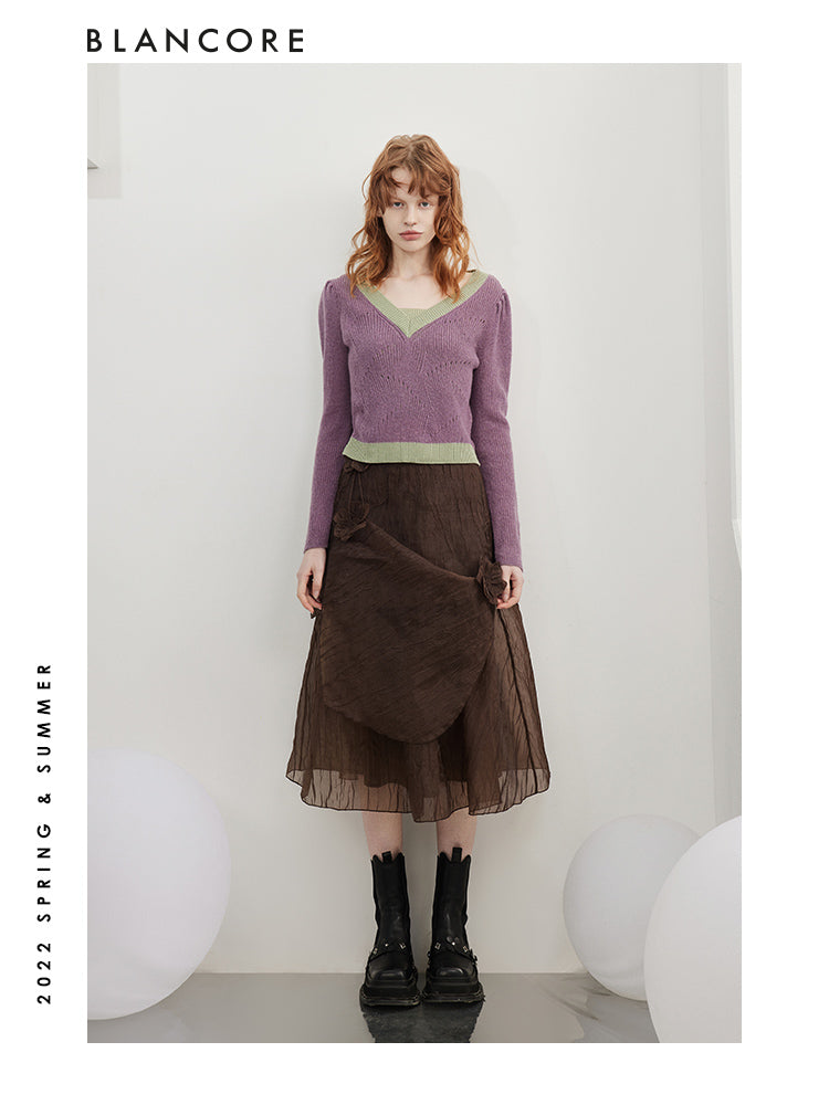 Two-Piece Camel Hair Top with puff sleeves