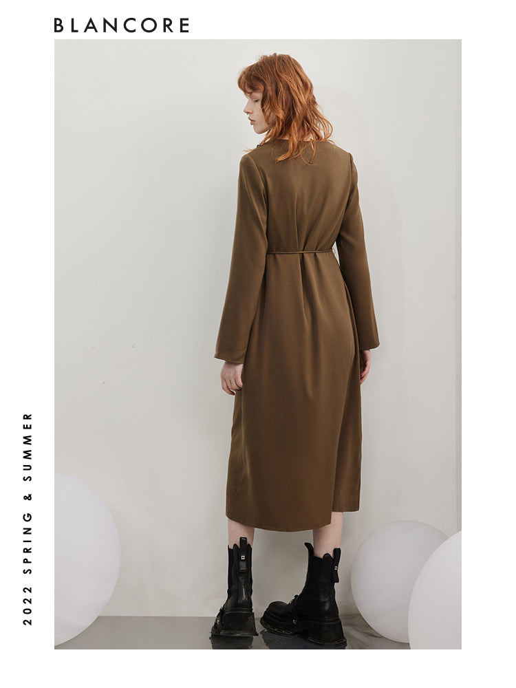 Mesh Paneled Long Sleeve Dress With Belt