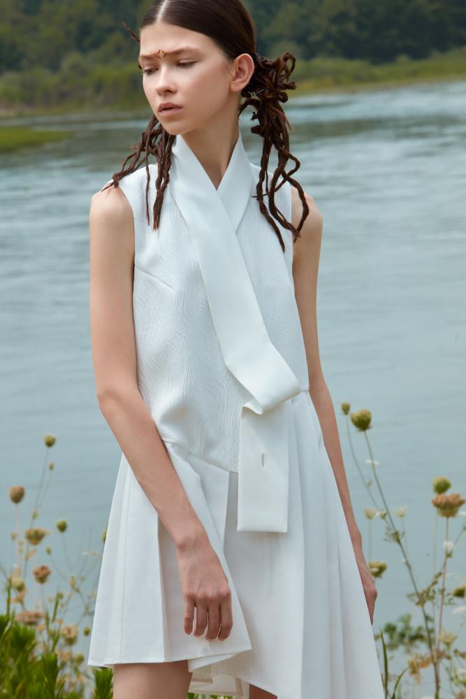 A-SHAPE JACQUARD DRESS WITH NECKTIE - BLANCORE