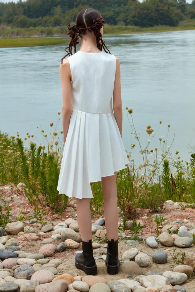 A-SHAPE JACQUARD DRESS WITH NECKTIE - BLANCORE