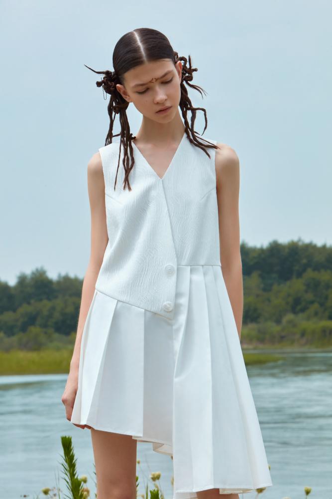 A-SHAPE JACQUARD DRESS WITH NECKTIE - BLANCORE