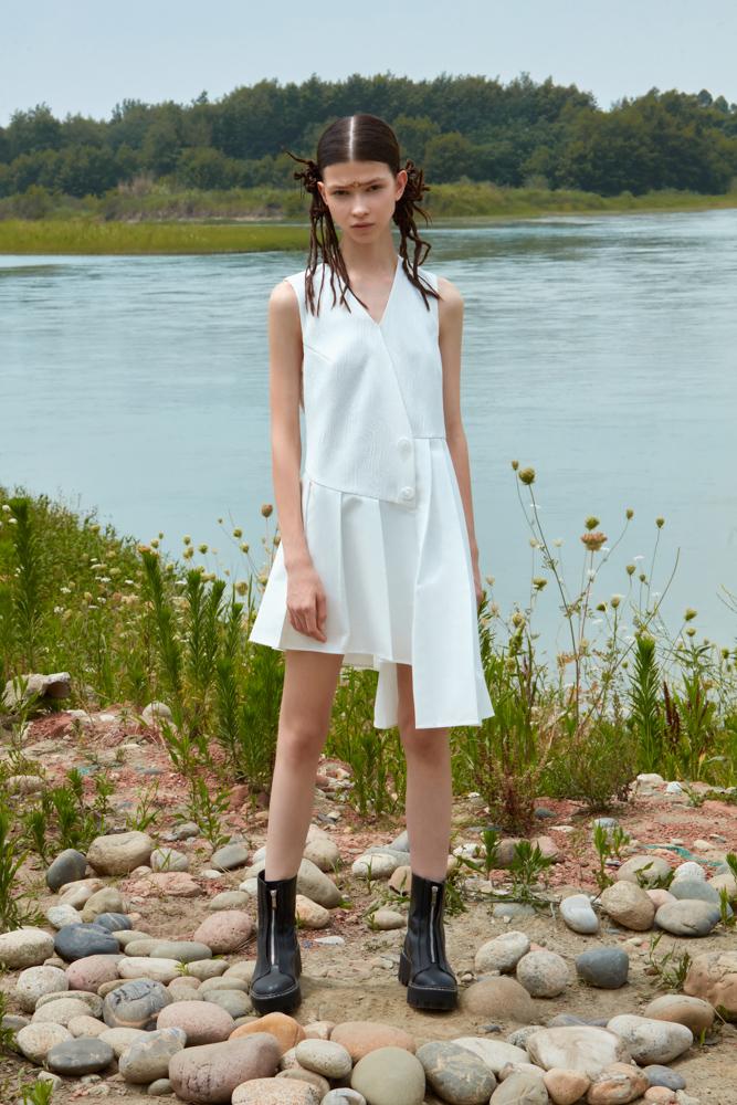 A-SHAPE JACQUARD DRESS WITH NECKTIE - BLANCORE